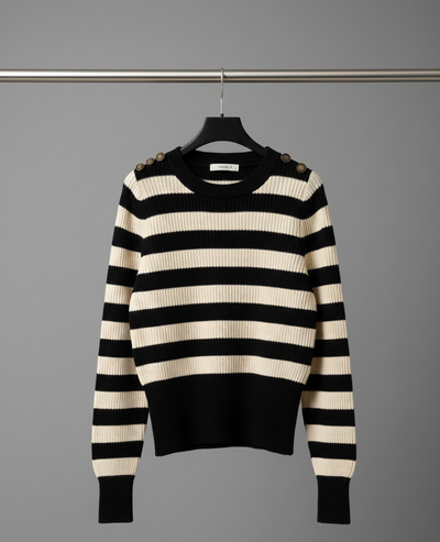 Black & Cream Striped Button Detail Sweater