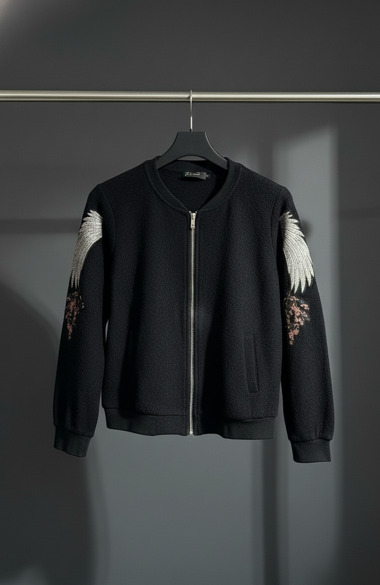 Black Embroidered Wing Zip-Up Bomber Sweater