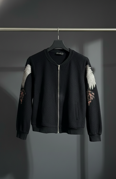 Black Embroidered Wing Zip-Up Bomber Sweater