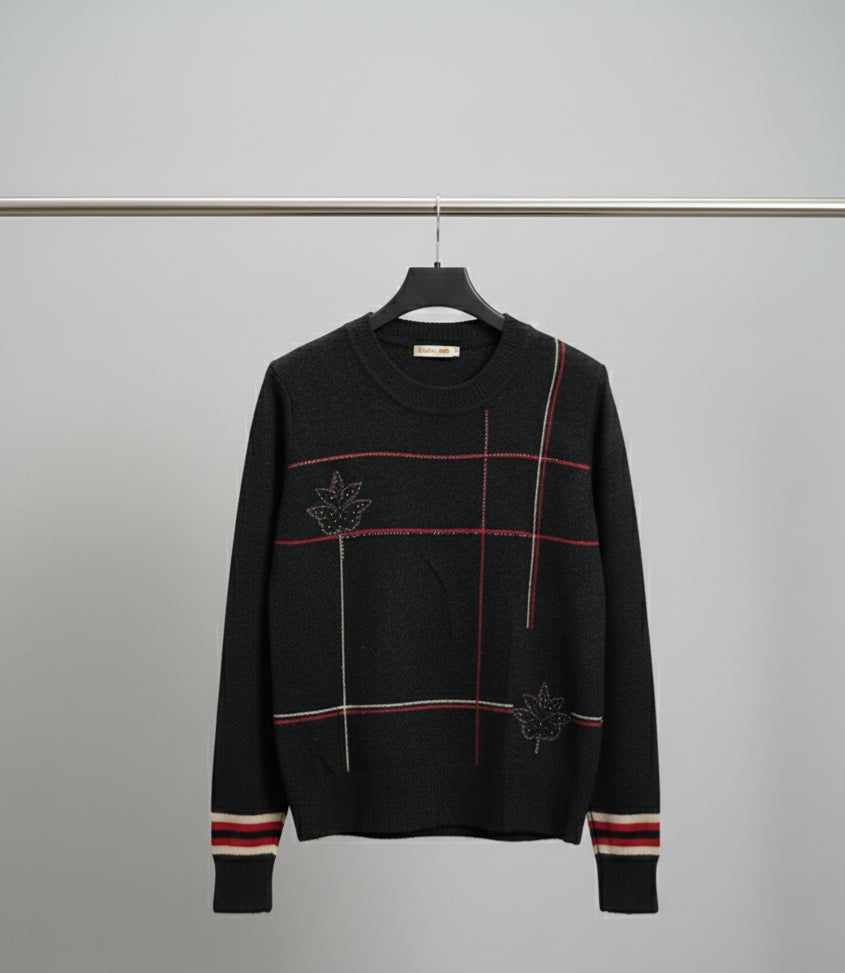 Black Crystal Line-Pattern Winter Sweater
