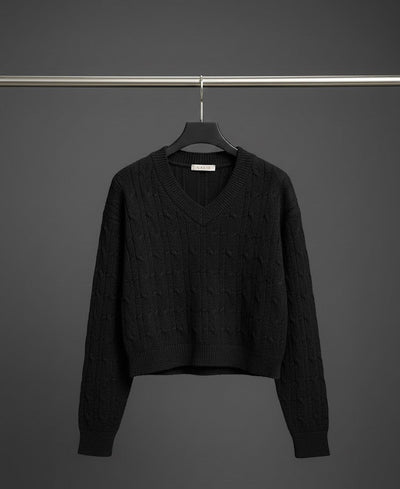 Black Cable-Knit Cropped V-Neck Sweater