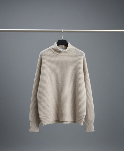 Beige Soft Ribbed High-Neck Winter Sweater